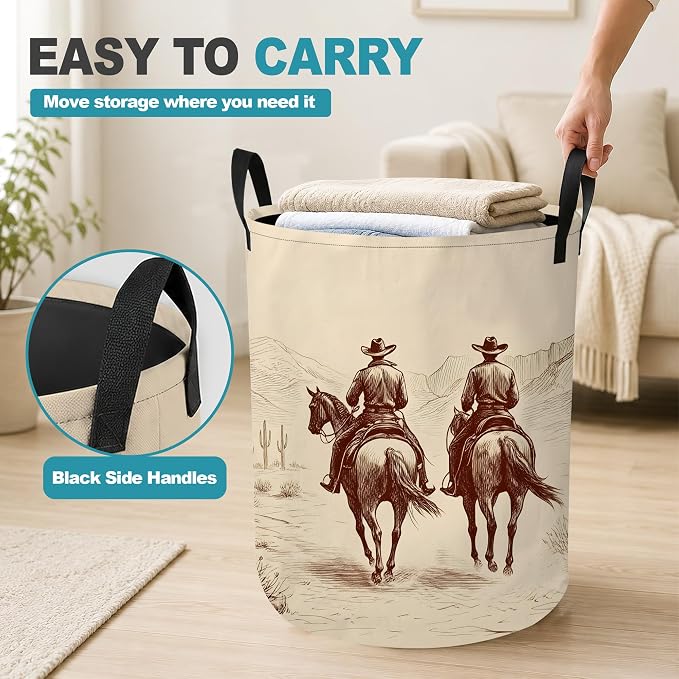 Western Cowboy Dirty Clothes Hamper,Foldable Laundry Basket with Handles,Desert Horse Waterproof Oxford Cloth Storage Bin for Bedroom Bathroom Nursery,16 x 20 Inch