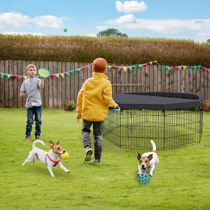 Peekaboo DogPlaypen 24 in-8 Panel Metal Rustproof Pet Fence with Top Cover | 24 Inch 8 Panel Foldable Rustproof Black Metal Dog Playpen with Octagonal Top Cover