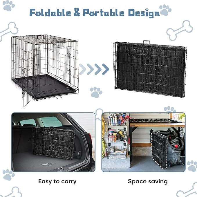 DUMOS 42 Inch Dog Crate, Medium Large Foldable Dog Cage Pet Kennel | Double Door Metal Wire, Plastic Leak-Proof Pan Tray, Portable Indoor Outdoor Training Travel