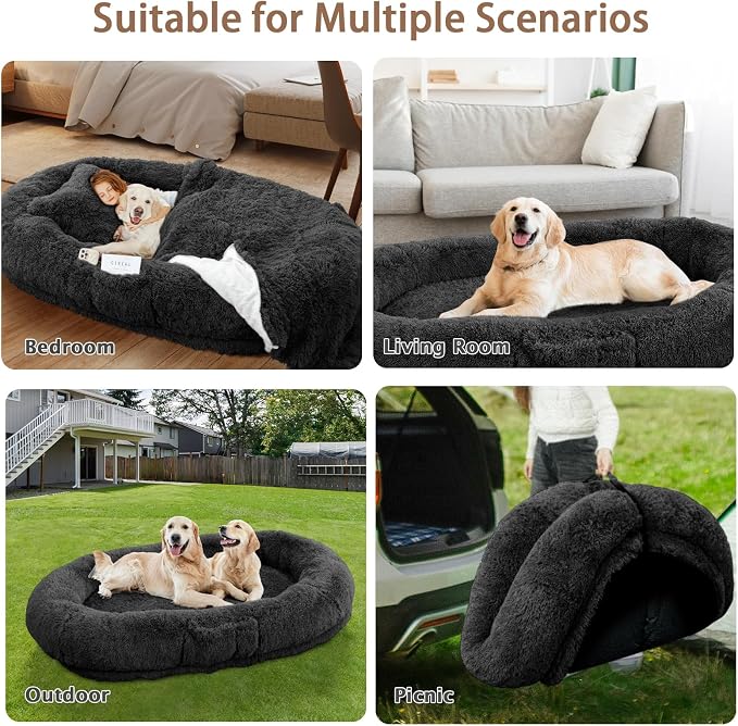 ROOMTEC Human Dog Bed, 78''x51''x12'' Size Fits Adult and Pet Washable Giant People Bed 10 CM Thick Memory Foam Large Oversize Pet Bed with Plump Pillow, Blanket, Strap - Black
