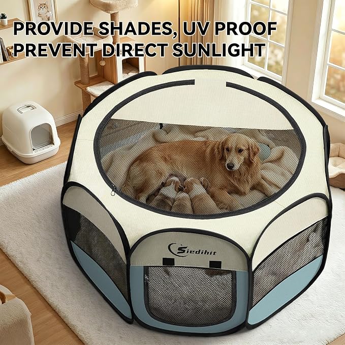 Siedihit Dog Playpen Tent Crate Cage Indoor Outdoor Travel Extra Large Grey | Pet Nursing Enclosure Camping Rest Zone for Recovering Pets 600D waterproof polyester Oxford, Breathable double-layer mesh