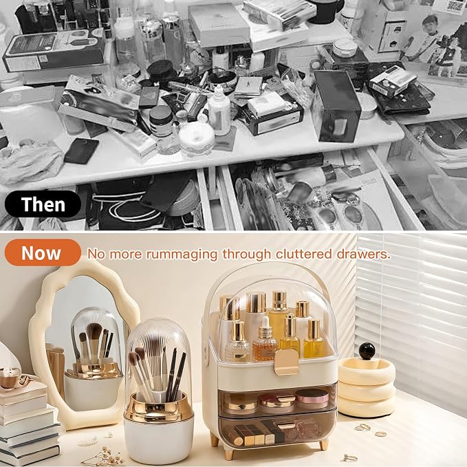 2 Piece Cream Gold Makeup Organizer Set with Dustproof Cover and 3 Drawer Cosmetic Storage Box with Handle for Brushes Perfume Lipstick Skincare Beauty Vanity Countertop Display（Rose Gold）