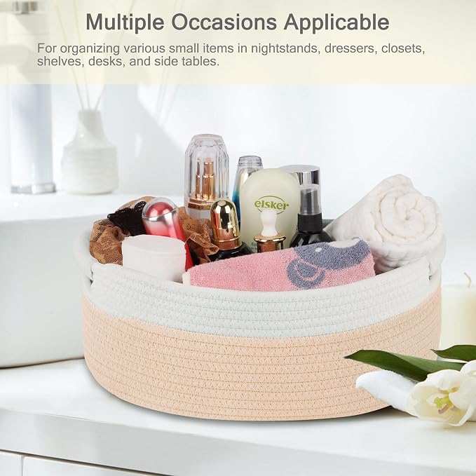 Small Woven Gift Basket with Bag & Ribbons, Beige | Cotton Rope, 13”x 9”x 5.5”, Fits for Kids, Women & Men, Bedroom, Living Room, Nursery & Bathroom Storage, Cat & Dog Toy Boxes