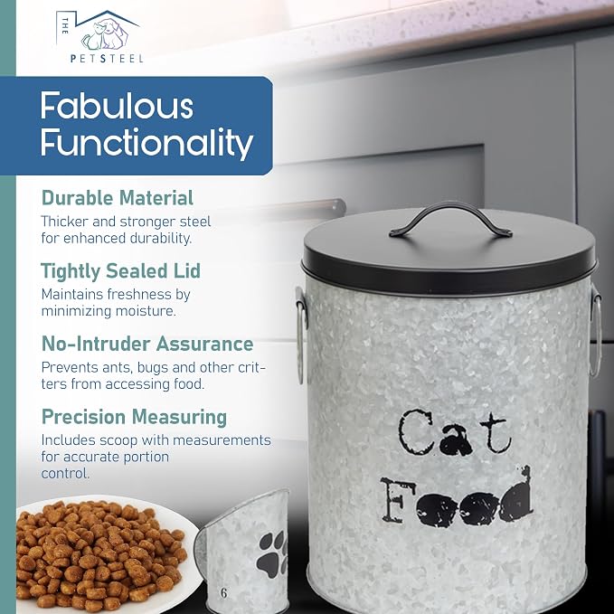 Medium Cat Up To 30lb Pet Food Storage Canister with Scoop – Durable & Airtight for Freshnesss, Minimalist Design & Recyclable, Huge Large Metal Container (Cat Bin - Medium Size)