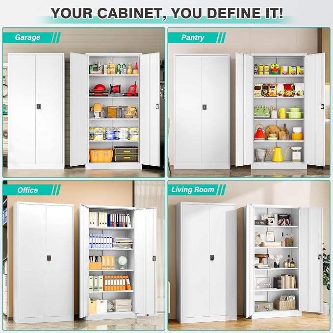White Metal Storage Cabinet with Adjustable Shelves,71" Tall Metal Cabinet with Locking Doors,Steel Cabinet with Lock,Lockable Storage Cabinets for Home,Office,Kitchen,Laundry,Pantry