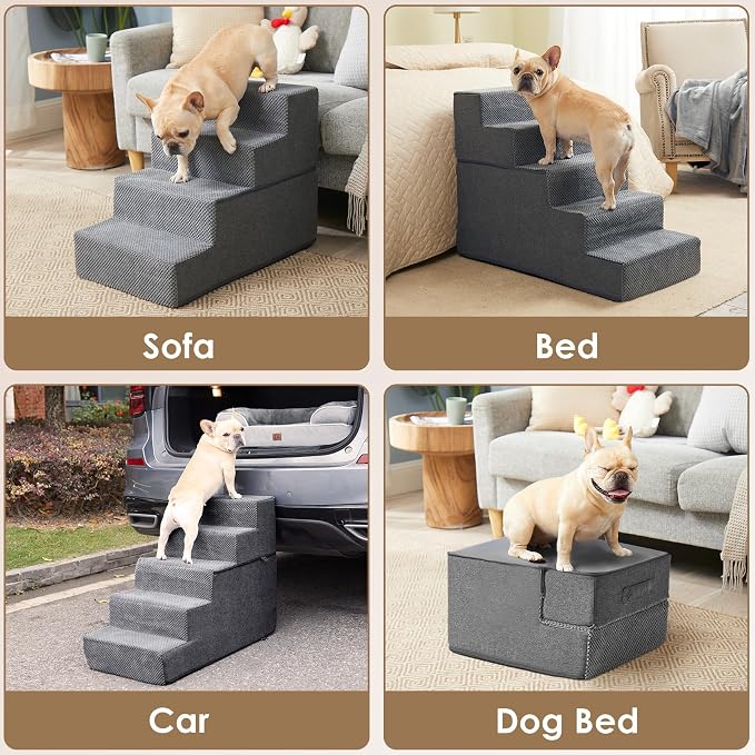 EHEYCIGA Dog Stairs for Small Dogs 13.5" H, 3-Step Extra Wide Dog Steps for Couch Sofa and Chair, Pet Steps for Medium Cats, Non-Slip Balanced Pet Ramp Indoor, Grey
