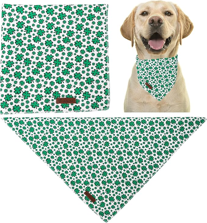 St. Patrick's Dog Bandana, UP URARA PUP Shamrock Triangle Bid Scarf for Medium Large Dogs, Cotton Kerchief for Girl Boy Puppies, Cute Spring Green Bandana,L