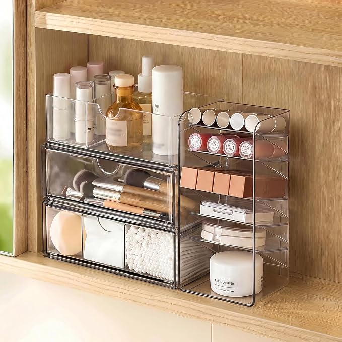 PAVSTINE Clear Medicine Cabinet Organizer with Adjustable Dividers, for Pressed Powder/Lip Gloss/Mascara Storage