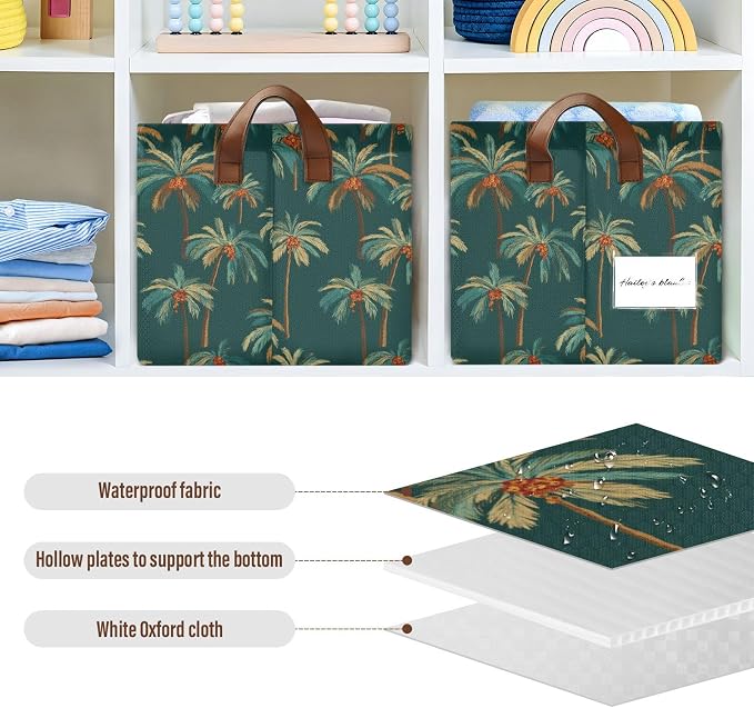 Teal Green Bg Vintage Palm Tree Storage Basket Foldable Cube Storage Bins with Handles&Label Waterproof Organizer Box Bin Large Rectangle Decorative Baskets for Shelves Home Room Laundry-2 Pack
