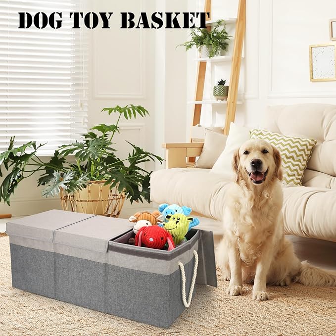 Extra Large Dog Toy Storage Basket with Lid and Handle for Living Room Area | 29.5" Fabric Dog Toy Box, Collapsible Basket for Dog Toys, Organizers and Storage with Hard Board, Anti-slip for Pet Supplies