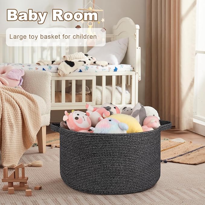 OIASKET Large Woven Baskets for Storage, 22.8" x 22.8" x 13" Blanket Storage Living Room, Baby Toy Basket for Clothes, Pillows, Towels, Shoe Basket for Entryway (Black)