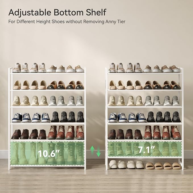 Nunsino Shoe Rack, Metal Shoe Organizer, 6 Tier Garage Shoe Rack Max Holds 30 Pairs,Shoe Storage Shelf for Closet,Entryway,White