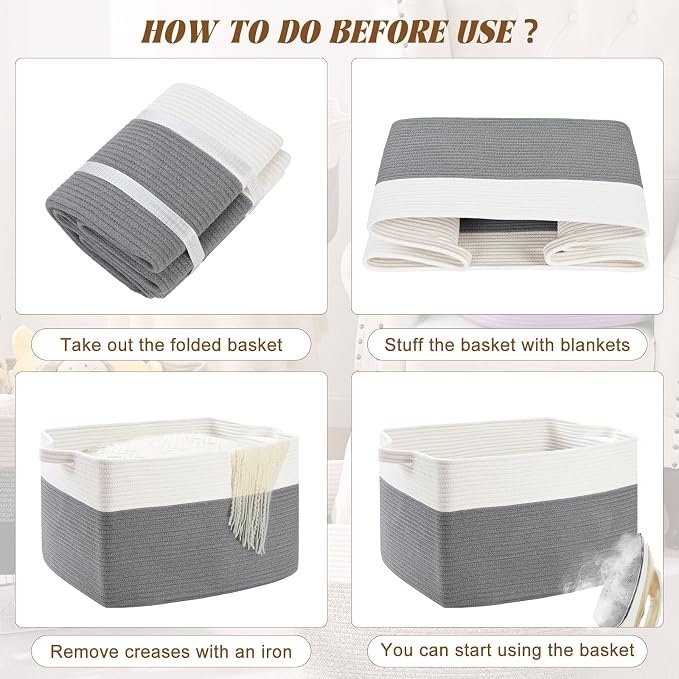 Large Blanket Basket, 60L Storage Baskets for Organizing, Woven Laundry Basket for Blankets, Cotton rope Blanket Storage for Living Room, Nursery Room, 19.7" L x 15.74" W x 11.8" H, Gray