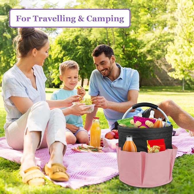 17L Cleaning Supply Caddy for Family, Portable Shower Caddy with Handle and 6 Pockets, Foldable Tool Bucket Organizer, Large Storage Basket for Camping, Gardening, Black with Pink