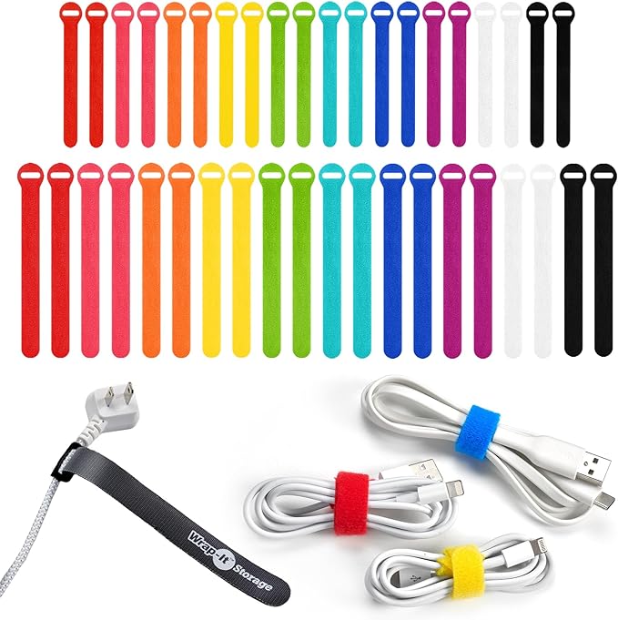 Self-Gripping Cable Ties by Wrap-It Storage - Assorted 40-Pack Multicolor | Reusable Hook and Loop Cord Keeper, Cable Wrappers for Cord Management and Home Office Desk Organization