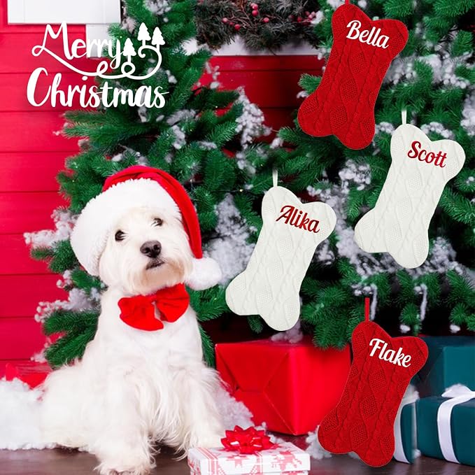 Personalized Pet Christmas Stocking,18 inch Custom Name Knit Christmas Stockings for Dog，Large Rhombic Bone Pet Xmas Stockings (1pc)