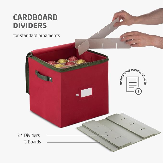 ZOBER Christmas Ornament Storage Box - Stores 64 3" Ornaments, With Dividers - Ornament Organizer Storage Box, Durable Christmas Containers Holder, Dual Zipper - Red