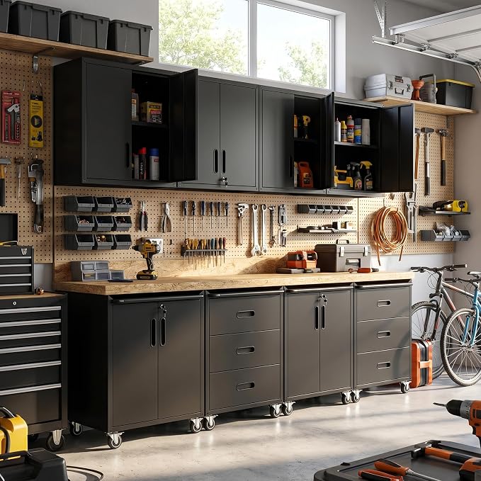 Garage Cabinet System | Heavy Duty Steel All-in-One Modular Garage Cabinet Set for Ultimate Workshop Organization | Easy Assembly Garage Storage Cabinets & Tool Bench