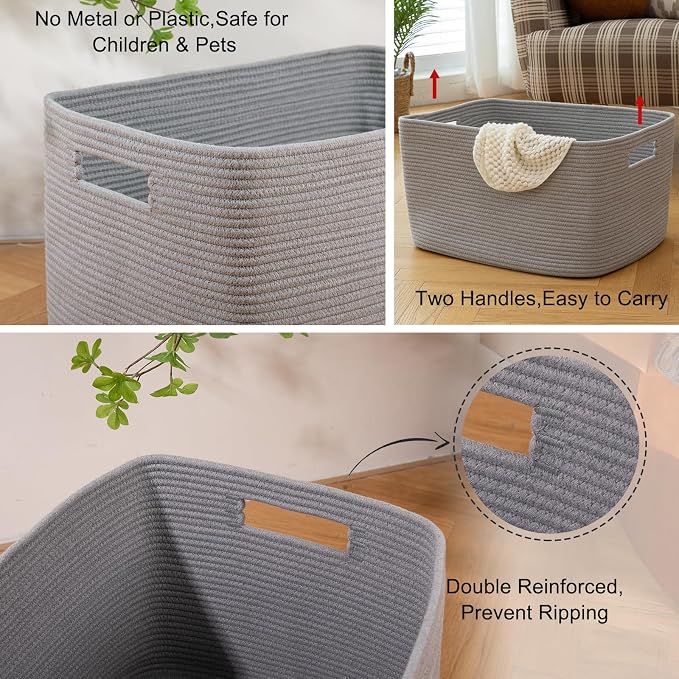 OIAHOMY 118L XXXLarge Rope Storage Basket, Oversized Blanket Basket Grey | 25" x 17" x 16" Used for Organizing Dirty Clothes in Living Room, Bedroom, Nursery, Extra Large Basket,Dog Toy Storage Bins