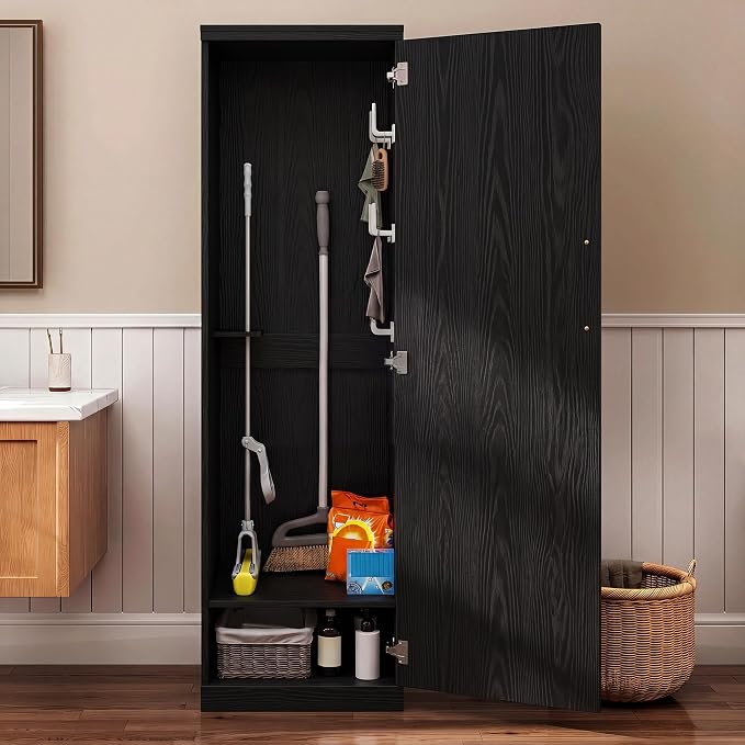 Broom Closet Storage Cabinet, 65" H Slim Utility Closet Black | with Door and Shelf, Tall Vacuum Storage Cabinet with Hooks for Cleaning Tool, Broom Closet Organizer for Bathroom, Garage