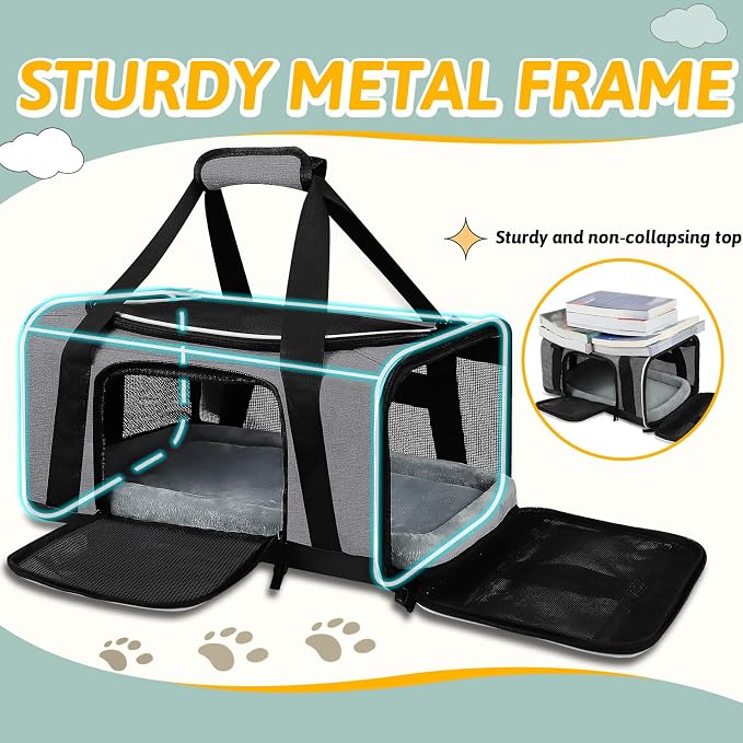 Small Pet Carrier 17" L x 11" W x 9.5" H Airline Approved, Grey | for Alaska Airlines, Lockable Safety Zippers and Anti-Scratch Mesh, Pets Under 10 lbs