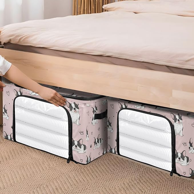 Cute Pet Dogs Pink pattern Under Bed Storage Containers with Double Zipper Openings, Foldable Clothes Storage Bins with Clear Window and Handles for Comforters Blankets Bedding