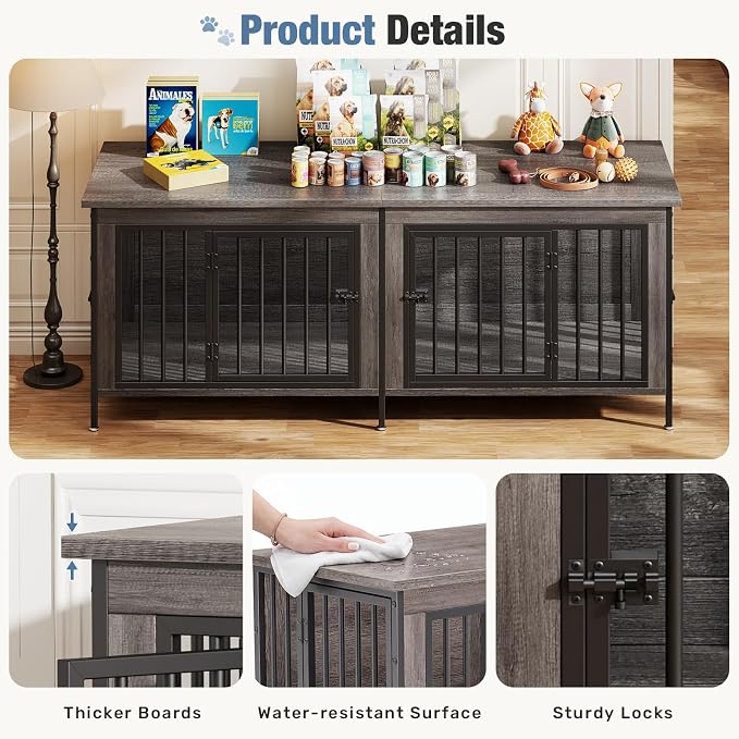 DUMOS 63" Dog Crate Furniture for 2 Dogs with Divider, Gray Wood Grain | Wooden Dog Kennel Furniture, Medium Breed, Center Divider, Double Doors, Heavy Duty Indoor Dog Cage, TV Stand, Side Table