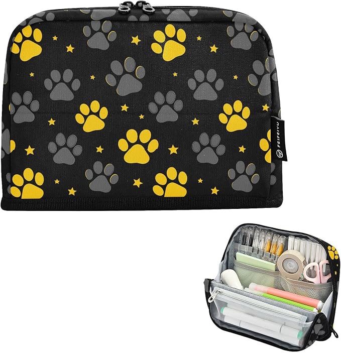 Aslsiy Large Capacity Pencil Case Yellow Grey Pet Paws Stars (1) Pencil Pouch for Boys Girls Portable Pen Bag Organizer Standing Makeup Bag for School Office Supplies