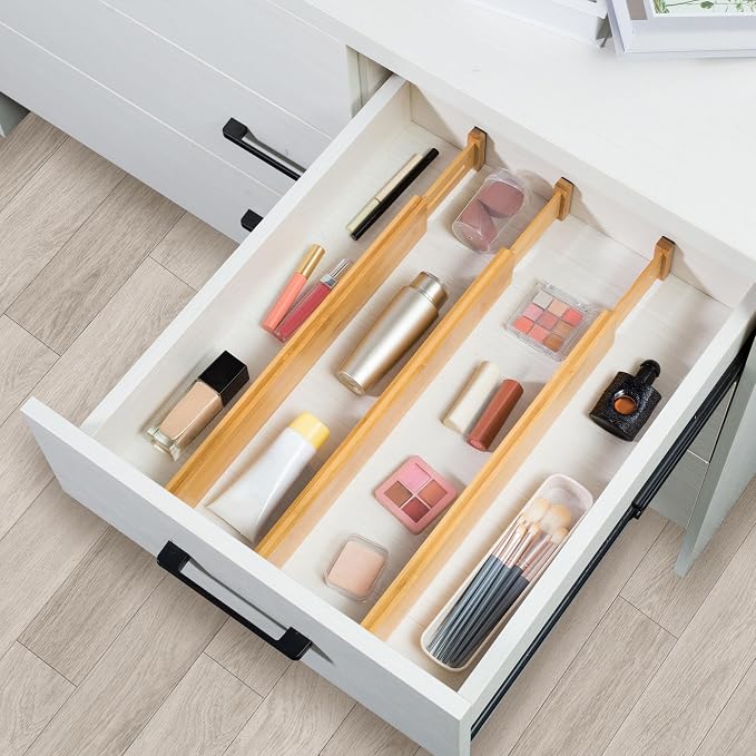 VaeFae 60-Pack Adjustable Bamboo Drawer Dividers, Expandable Drawer Organizer for Kitchen Utensils, Clothes, Bathroom, Office – Fits Drawer Interiors 16.6" to 21.8"