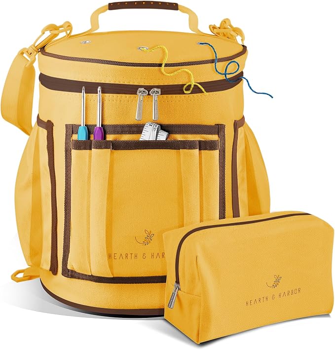 Hearth & Harbor Crochet Bag Organizer – Durable Knitting Bag, Yarn Organizer for Accessories and Supplies, Canvas Yarn Holder, Crochet Carrying Case with Accessories Pouch, Storage Organizer –Mustard