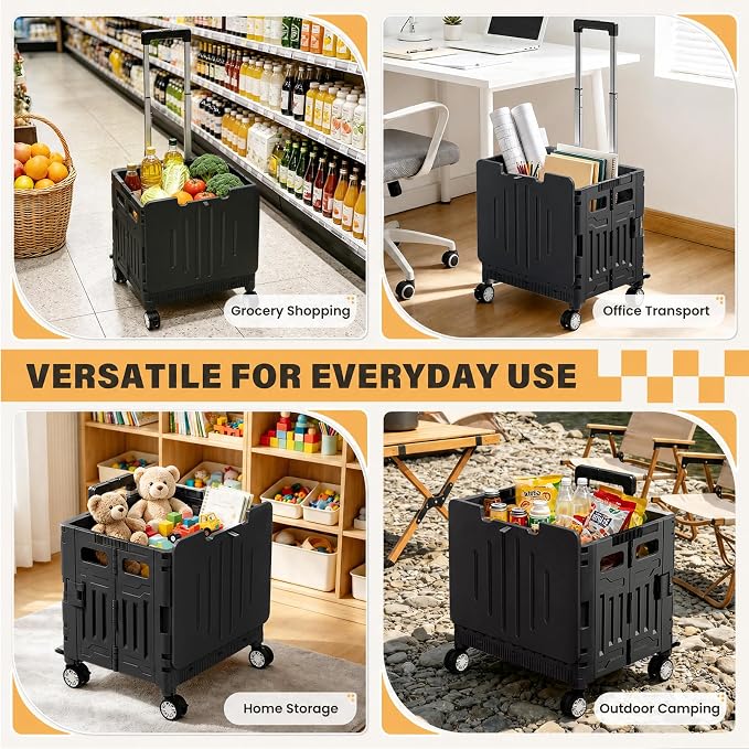 SUNALLY Folding Utility Cart Rolling Crate Handcart Shopping Trolley, Black | Lockable Collapsible Tool Box with Lid, Rolling Crate With Wheels for Grocery, Travel, Garden, Shop, Office, Luggage, Teacher