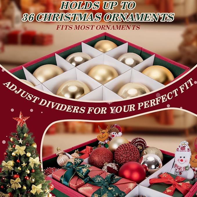 Christmas Ornament Storage Box with Adjustable Dividers Zippered Top Stores up to 36 Holiday Ornaments (4 Inch) Xmas Ball Decorations Organizer Storage Container Bin