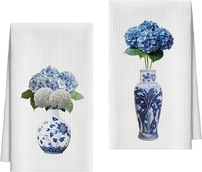 Kitchen Towels Set of 2, Blue and White Porcelain Chinoiserie Dish Towel for Kitchen Bathroom, Hydrangea Decorative Hand Towels, Fast Drying Tea Towel, Housewarming Gifts for Women Mom -09