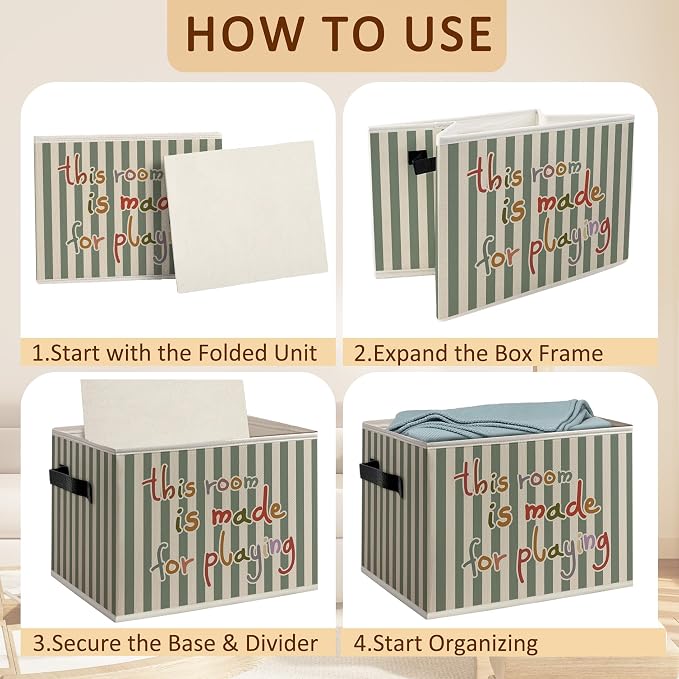 Retro Kids Nursery Playroom Foldable Storage Bins Box with Handles, Green Striped This Room Is Made for Playing Decorative Storage Boxes Baskets Toybox Organizer for Boys Girls Kids Bedroom