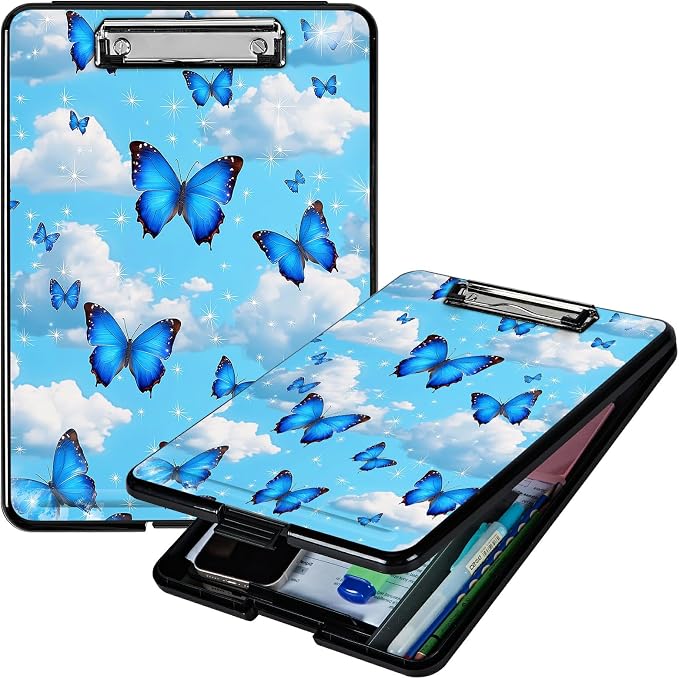 Heavy Duty Storage Clipboard, Slim Nursing Clipboard with Internal Pen Case, Portable File Organizer Case for A4 Letter Size Paper Office Medical Professionals, Blue Butterfly White Cloud
