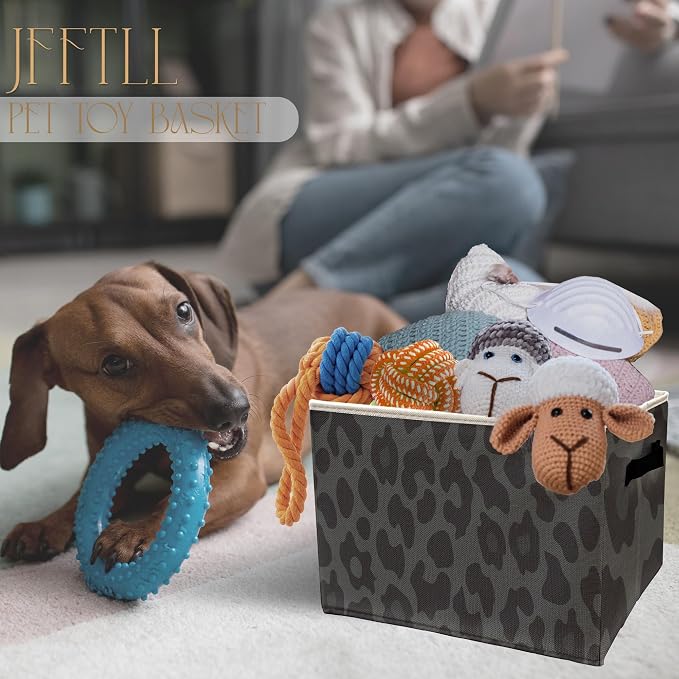 Black Leopard Print Storage Bins with Handles, Cheetah Print Room Decor, Trendy Leopard Collapsible Laundry Basket Storage Box for Home Bedroom Bathroom Clothes Toys Books