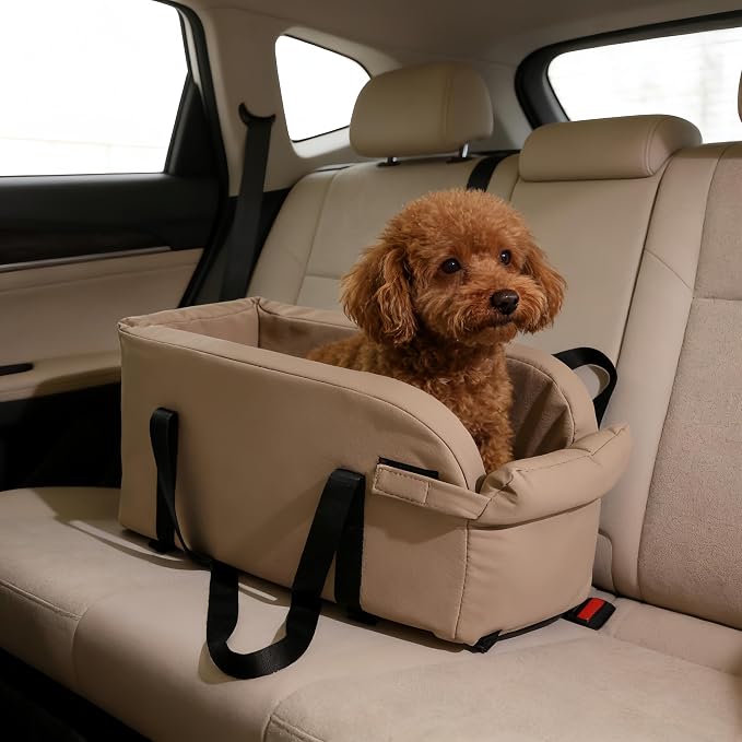 Center Console Dog Car Seat for Pets Up to 9 lb, Light Khaki | Water-resistant faux leather; 16.41 x 7.87 x 8.66 in; pets up to 11 in long. Measure your console before purchase.