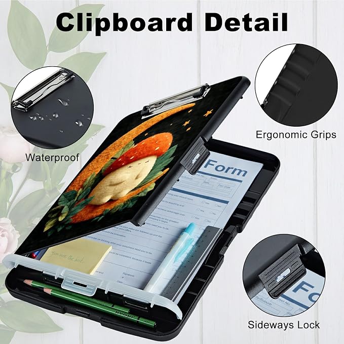 A4 Clipboard with Storage Pen Holder, Clipboards Organizer Nursing Clipboard Foldable File Folder Plastic Clipboard Folio Clip Board for Office Work Classroom Doctor, Orange Moon Mushroom