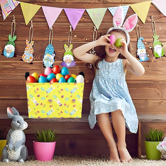 Large Empty Easter Basket for Kid Yellow Fabric Personalized Bunny Eggs Easter Gift Basket for Boy and Girl (Rabbit Chicken)