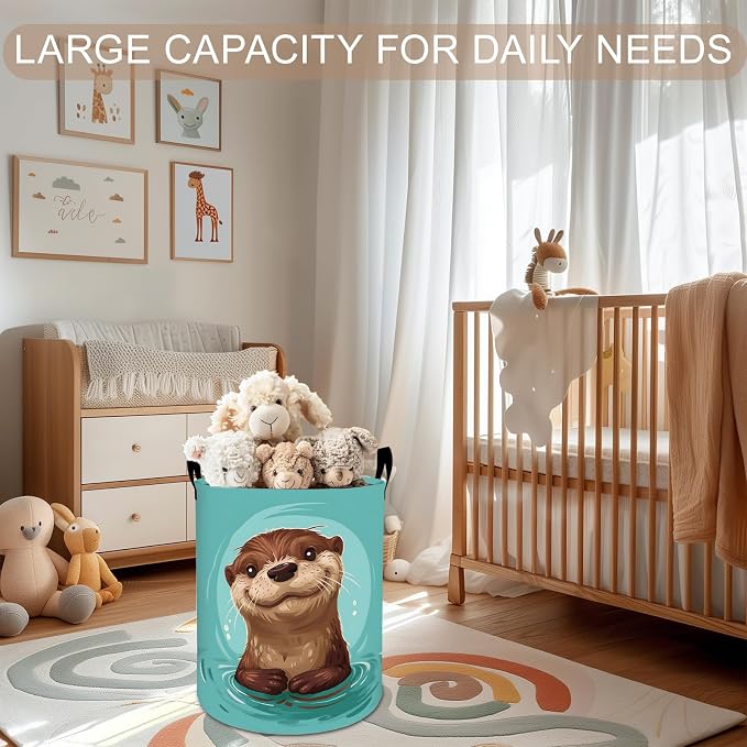 Cute Otter Laundry Basket Hamper 19.7"x15.8", Animal Foldable Waterproof Oxford Clothes Storage Bucket for Room Bathroom Bedroom Nursery Decor, Toy Organizer Bins Gifts for Kids Boys Girls
