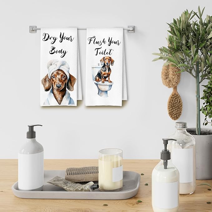 Funny Dachshund Hand Towels for Bathroom Washroom, Weiner Dog Bathroom Decor, Dachshund Gifts for Women Men, Humorous Dog Hand Towels, 16x24 Inch Set of 4