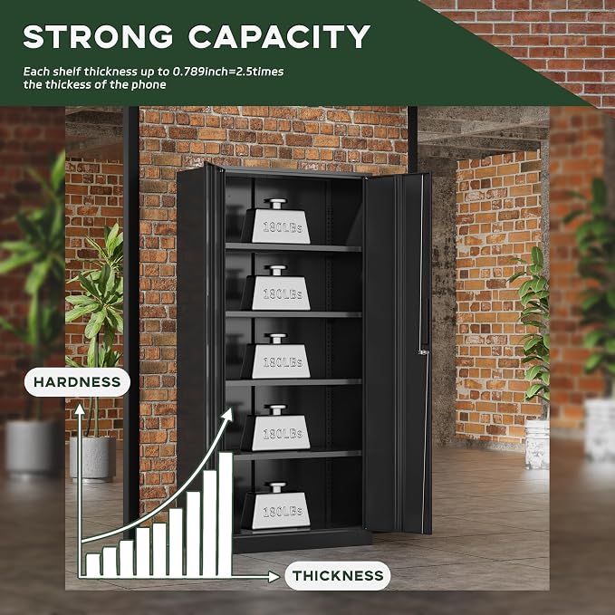 Greenvelly Metal Storage Cabinet, 72" Black Metal Locking Storage Cabinet with Doors and 4 Adjustable Shelves, Large Steel Cabinet for Home Office, Garage, Shop, School (32" W x 16" D)