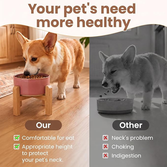 hjn Elevated Ceramic Dog Bowl with Bamboo Stand, Raised Pet Feeding Station for Small Medium Dogs Cats, Modern Design with Anti-Slip Base (Deep Pink, 3.6Cup)