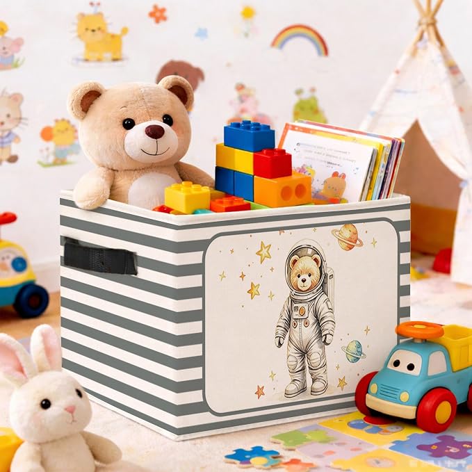 Astronaut Bear Storage Bin, Blue Gray Stripe Foldable Fabric Basket | Space teddy bear collapsible fabric organizer for nursery, bedroom, playroom, toys, books, and clothes
