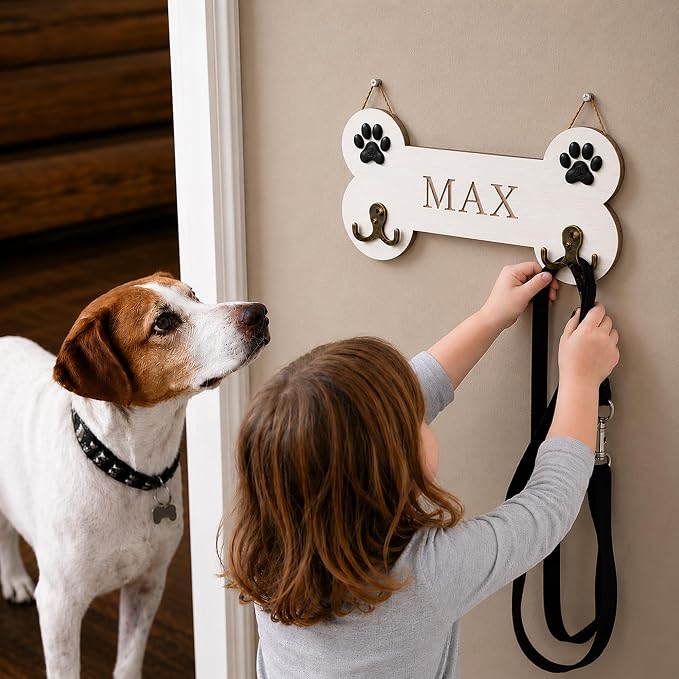 Personalized Dog Bone Leash Holder for Wall Mount, Custom Wooden Bone Leash Hook with Name, Pet Collar and Harness Organizer for Entryway, Key Hook Gift for Pet Lovers & Dog Owners, Home Wall Décor