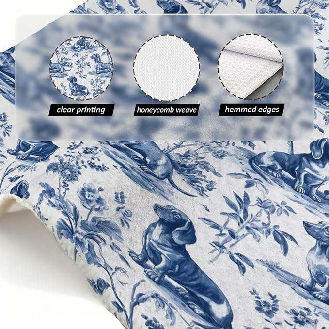 Dachshund Kitchen Dish Towels,Blue and White Floral Dog Towel Dish Tea Towels, Chinoiserie Decor for Kitchen Bathroom,Weiner Gifts for Dog Lover Mom Dad,16x24 Inch