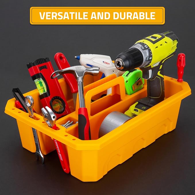 CANOPUS Storage Tray Tote with Functional Holes - 2 PCs Plastic Cleaning Caddy with Handle, Portable Caddy, Undersink Storage for Kitchen, Shoe Cleaning Box, Products Organizer, Yellow
