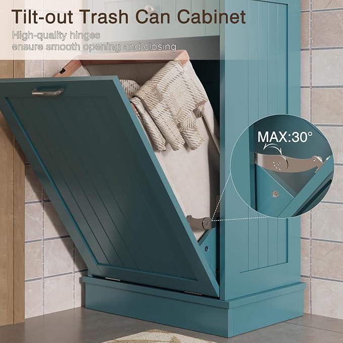 KIGOTY Tilt Out Trash Can Cabinet, Laundry Hamper Cabinet, Teal Blue