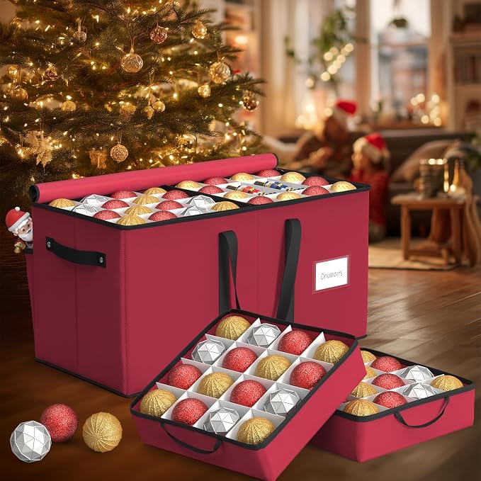 Sunvigor Christmas Ornament Storage Box with 8 Trays, Fits 128 Holiday Ornament Christmas Storage Container with Adjustable Dividers, Dual Zippers, 600D Oxford Christmas Decorations Storage(Rose Red)