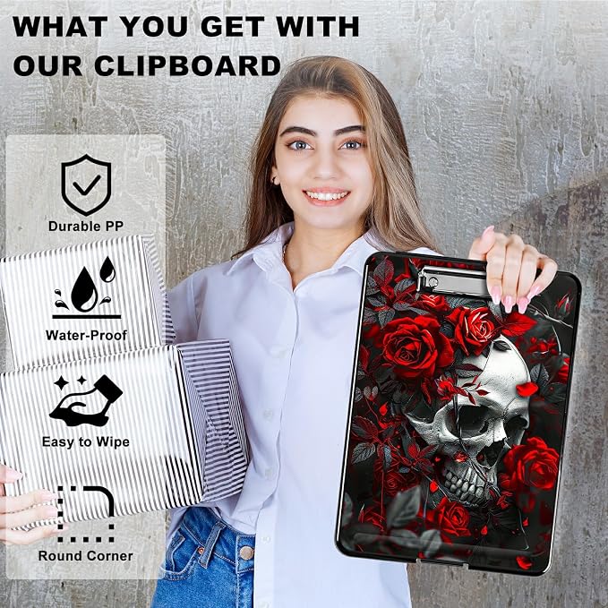 Red Rose Skull A4 Clipboard with Storage Pen Holder, Clipboards Organizer Nursing Clipboard Foldable File Folder Plastic Clipboard Folio Clip Board for Office Students Classroom Doctor